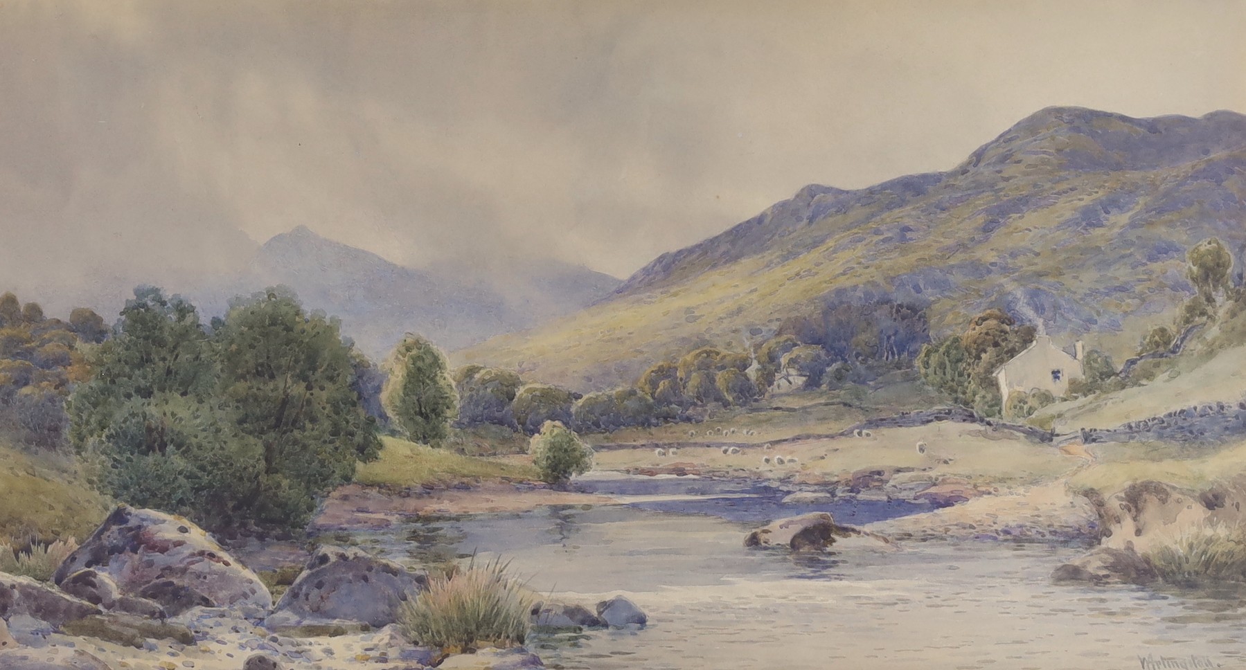 William Artingstall (Exh. 1882-1895), watercolour, Welsh landscape, signed, 25 x 46cm